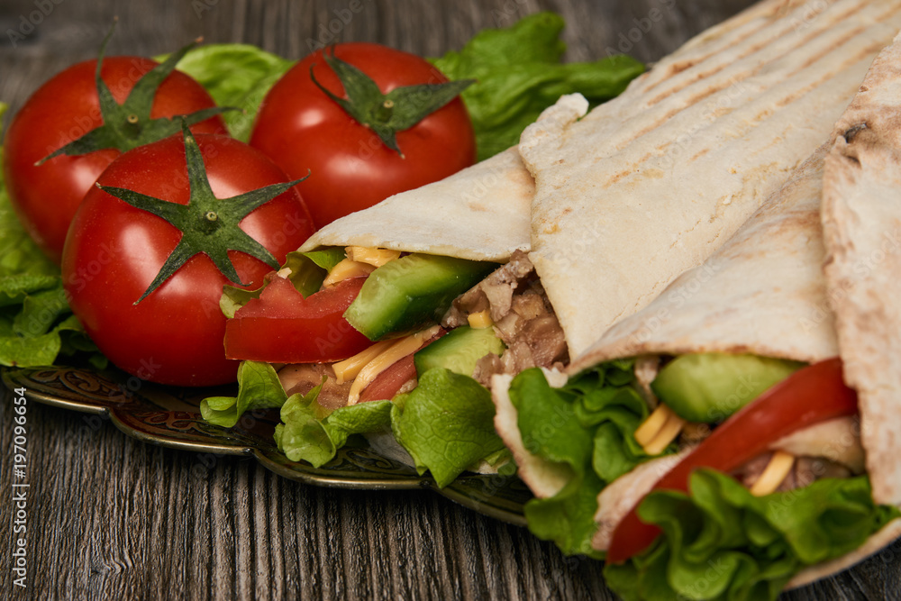 Shawarma Sandwich with fresh vegetables and chicken grilled meat, Doner Kebab, Chicken Shawarma, Burrito Shawarma Sandwich with fresh vegetables and chicken grilled meat, Doner Kebab, Chicken Shawarma, Burrito