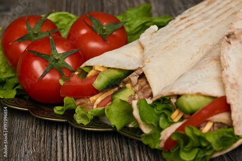 Shawarma Sandwich with fresh vegetables and chicken grilled meat, Doner Kebab, Chicken Shawarma, Burrito