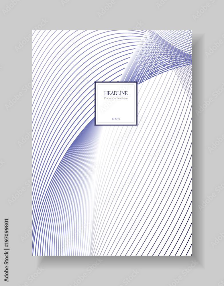 Cover template of line art design. Abstract wavy background of blue and white arcuate lines. Layout A4 with text box for brochures, portfolio, leaflet, annual report, poster, flyer. EPS10 vector Cover template of line art design. Abstract wavy background of blue and white arcuate lines. Layout A4 with text box for brochures, portfolio, leaflet, annual report, poster, flyer. EPS10 vector