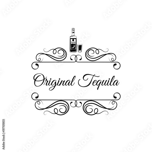 Bottle of tequila with shot glass. Swirls, decoration elements. Vector illustration.