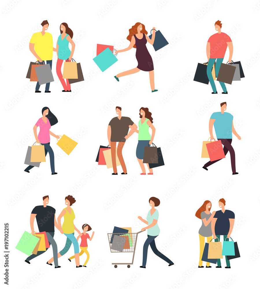 Happy shopping people. Man, woman and shoppers with gift boxes and shopping bags. Vector cartoon characters set