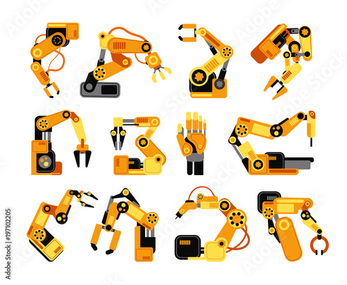 Factory robot arms manufacturing industrial equipment vector set