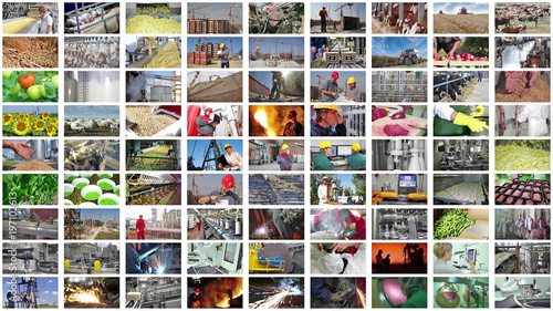 Collage industrial production. People working in a food industry  construction  agriculture  farm animal  foundry  processing factory  bakery  metal industry  production of fruits and vegetable