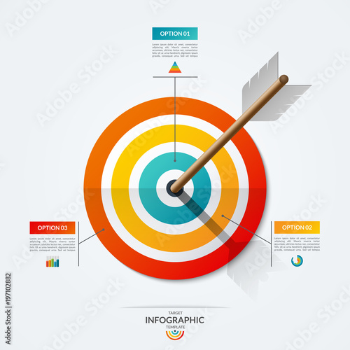Target infographic template. Vector illustration with the arrow that hit the target. Business concept of 3 options, steps, parts.