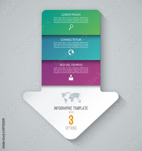 Infographic template in the form of an arrow pointing down. Business concept with 3 steps, options. Can be used for workflow layout, diagram, chart, graph, web design. Vector illustration