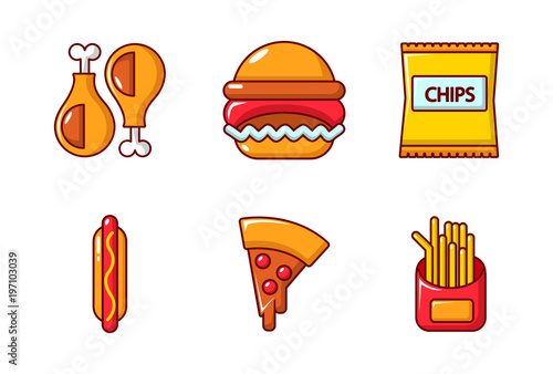 Fast food icon set, cartoon style