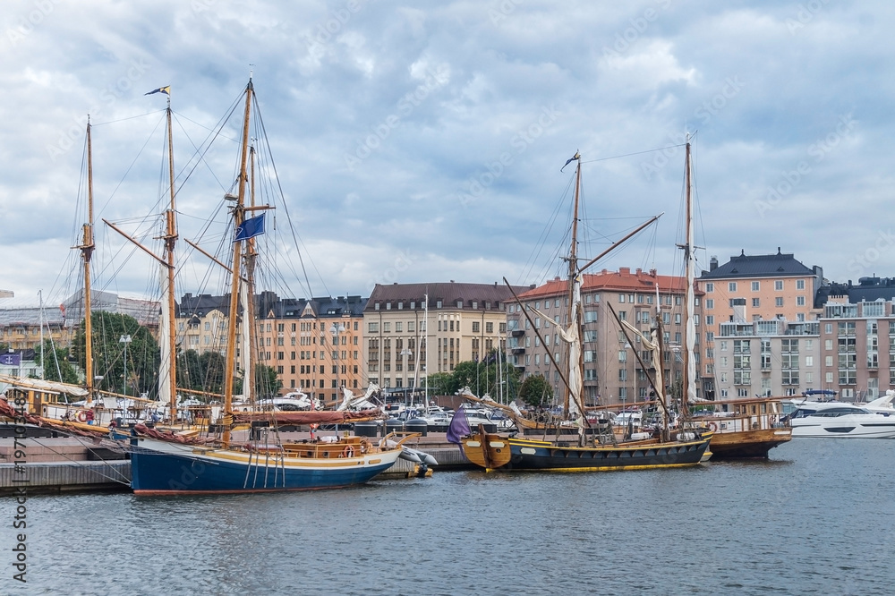 Ships and yachts moored in the harbor, Helsinki, Finland