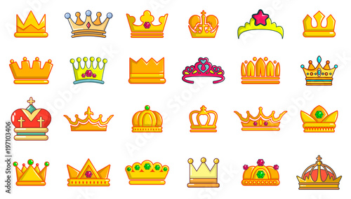 Crown icon set, cartoon style