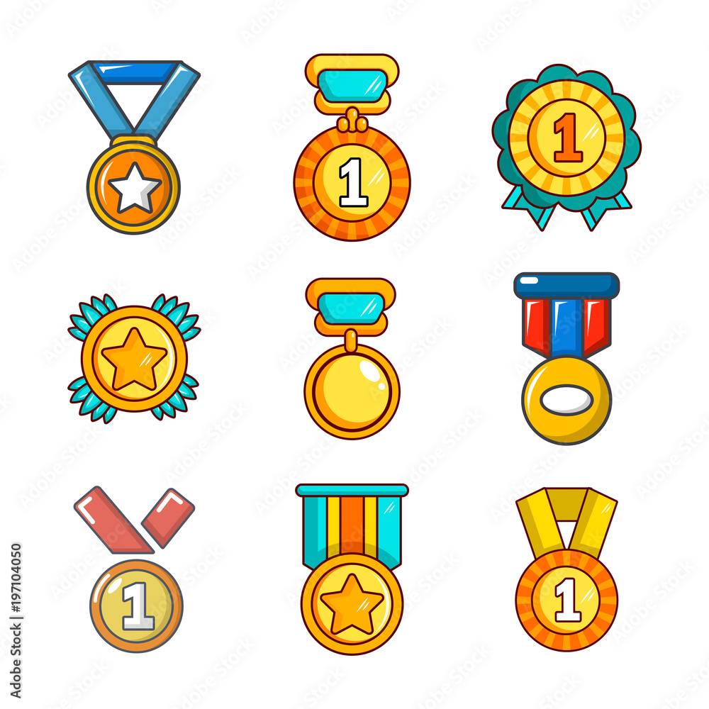 Gold medal icon set, cartoon style Stock Vector | Adobe Stock