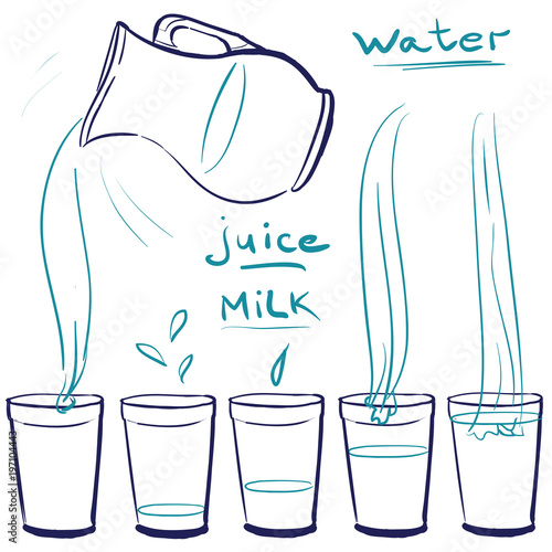 Set doodle icons - Blue Jug and glasses with a drink - milk, water, juice -  pouring  glass