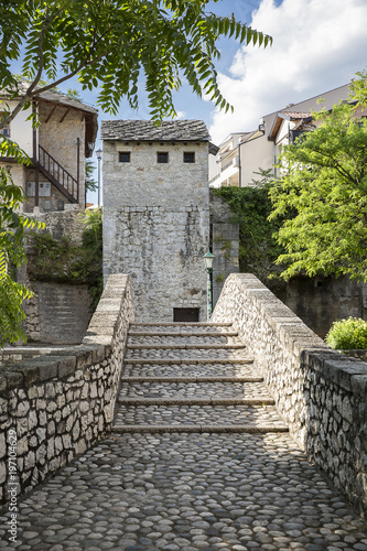 Stone stairs of an old arch bridge in Unesco area of old town Mostar, Bosnia and Herzegovina