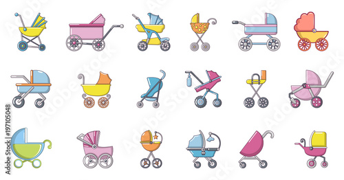 Baby carriage icon set, cartoon style