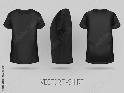 Black t-shirt template in three dimentions: front, side and back view, realistic gradient mesh vetor.