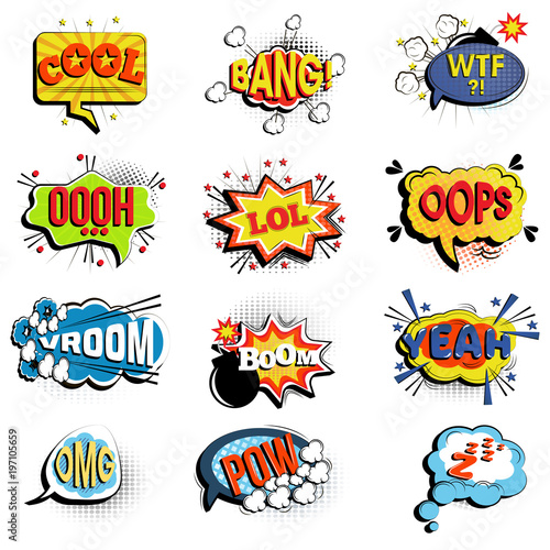 Comic speech bubbles. Onomatopoeic expressions: Lol and cool, bang and WTF, OOOH and OOPS, Vroom and yeah, boom and pow