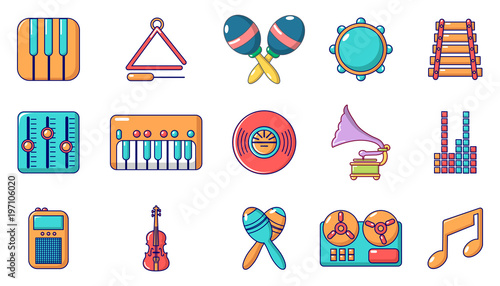 Musical instrument icon set, cartoon style