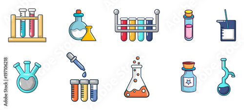 Chemical pots icon set, cartoon style