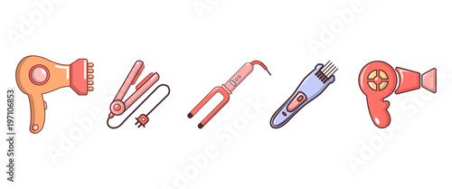 Hair tools icon set, cartoon style