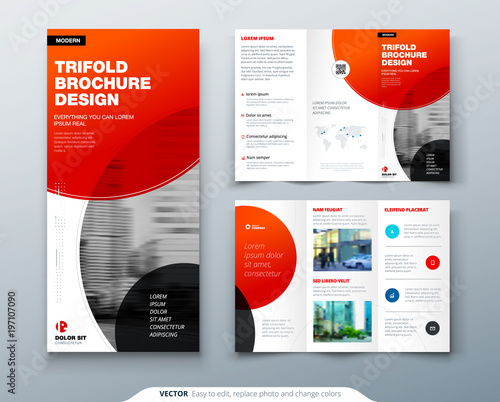 Tri fold brochure design. Red business template for tri fold flyer. Layout with modern circle photo and abstract background. Creative 3 folded flyer or brochure concept.