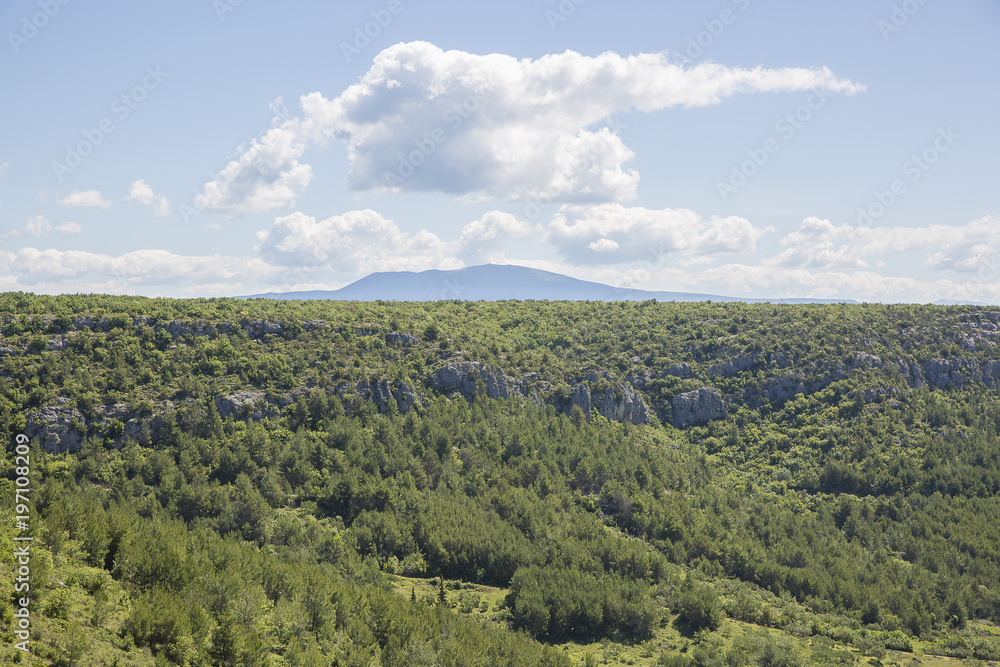 View on the mountain and nature with forest,during a sunny spring day with blue sky, a white cloud, Krka national park, Croatia