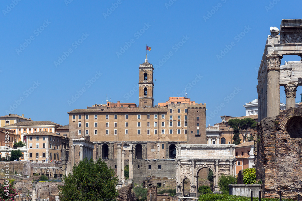 Panoramic view of Roman Forum in city of Rome, Italy