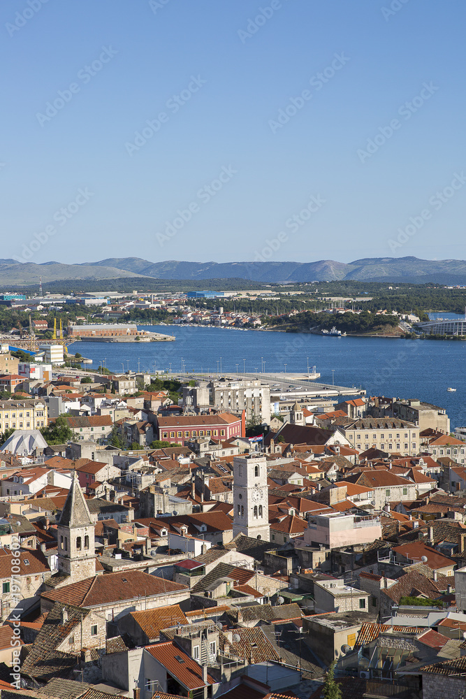aerial view of old city of Sibenik from Saint Michael fortress, Croatia
