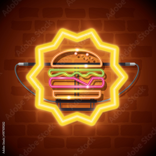 fast food burger neon label vector illustration design