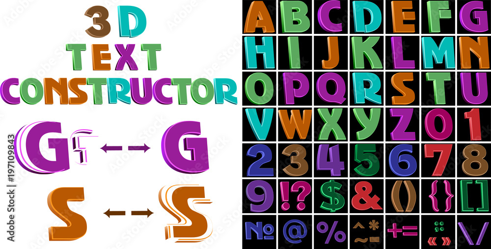 A set of colored 3d letters and signs. A set of colored 3d letters and signs.