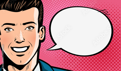 Happy young man in business suit or businessman says. Pop art retro comic style. Cartoon vector illustration
