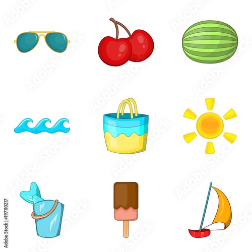 Beach vacation icons set, cartoon style