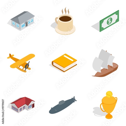 Airline icons set, isometric style