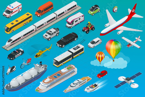 Flat isometric city transport icon set.