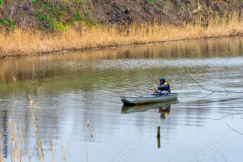 Novi Sad, Serbia March 18, 2018: Boatman oars on the Danube-Tisa-Danube canal 