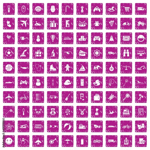 100 toys for kids icons set grunge pink