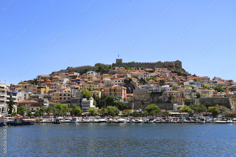 Panorama of the old town - Kavala, Greece - Byzantine fortress, port, buildings, Aegean Sea