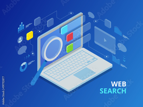 Isometric search engine result page flat vector.