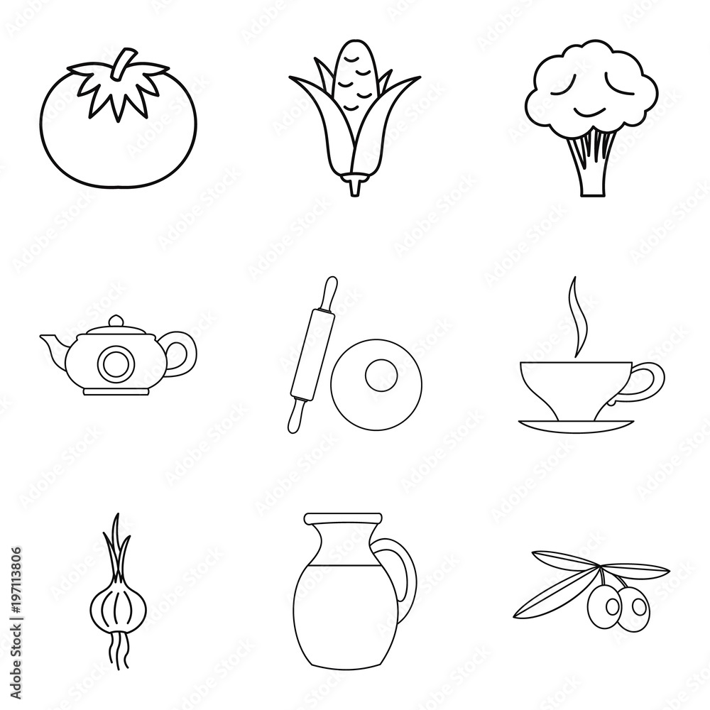 Basic vegan menu icons set, simple style