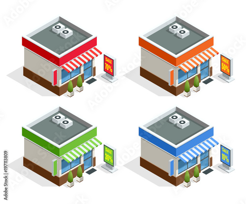 Isometric modern fast food restaurant or shop buildings, store facades