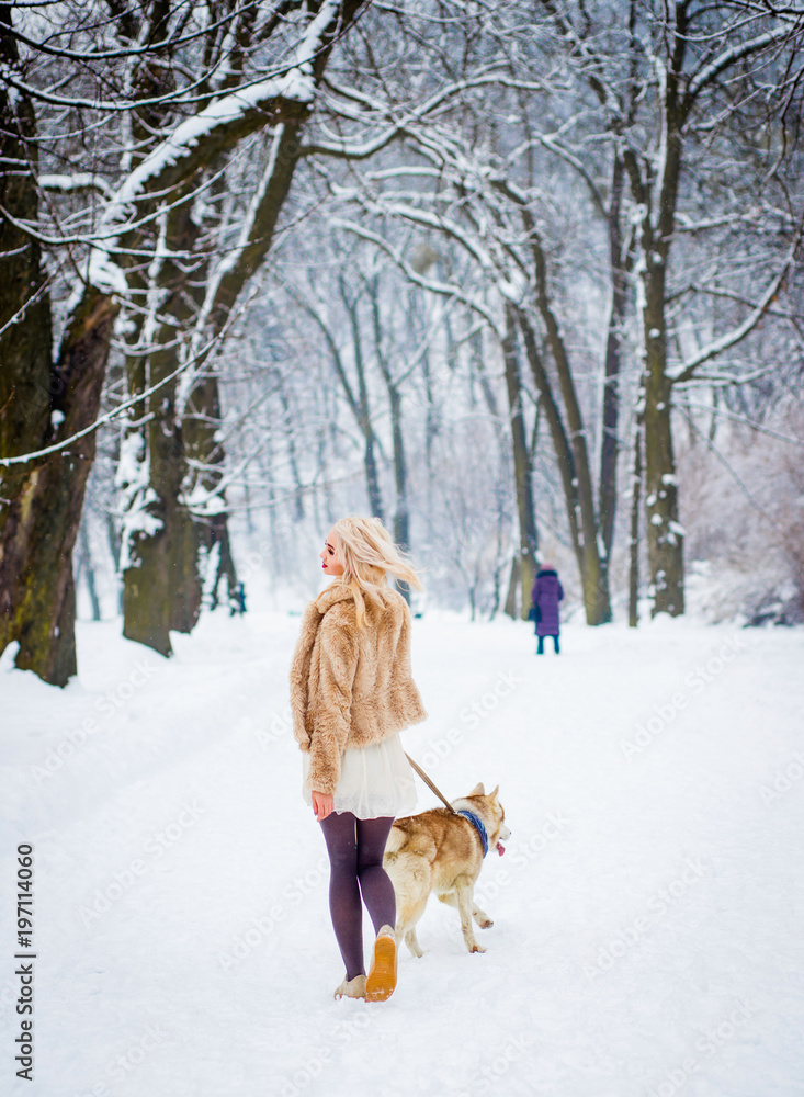 A girl walks with a dog in a winter park