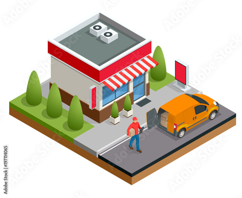 Isometric fast food restaurant or shop buildings, store facades and delivery man