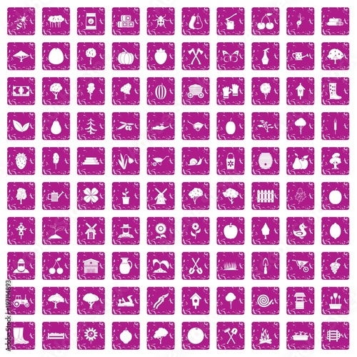 100 agriculture icons set grunge pink