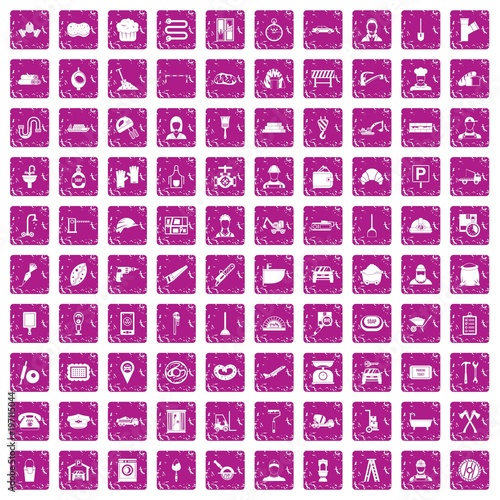 100 working professions icons set grunge pink