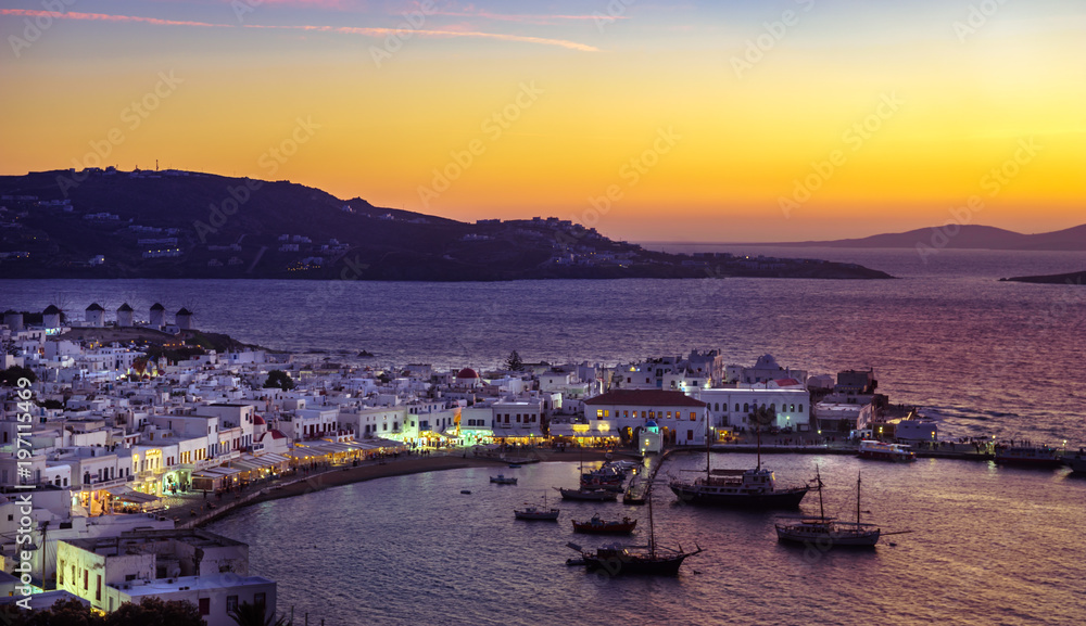Mykonos island aerial panoramic view at sunset. Mykonos is a island, part of the Cyclades in Greece