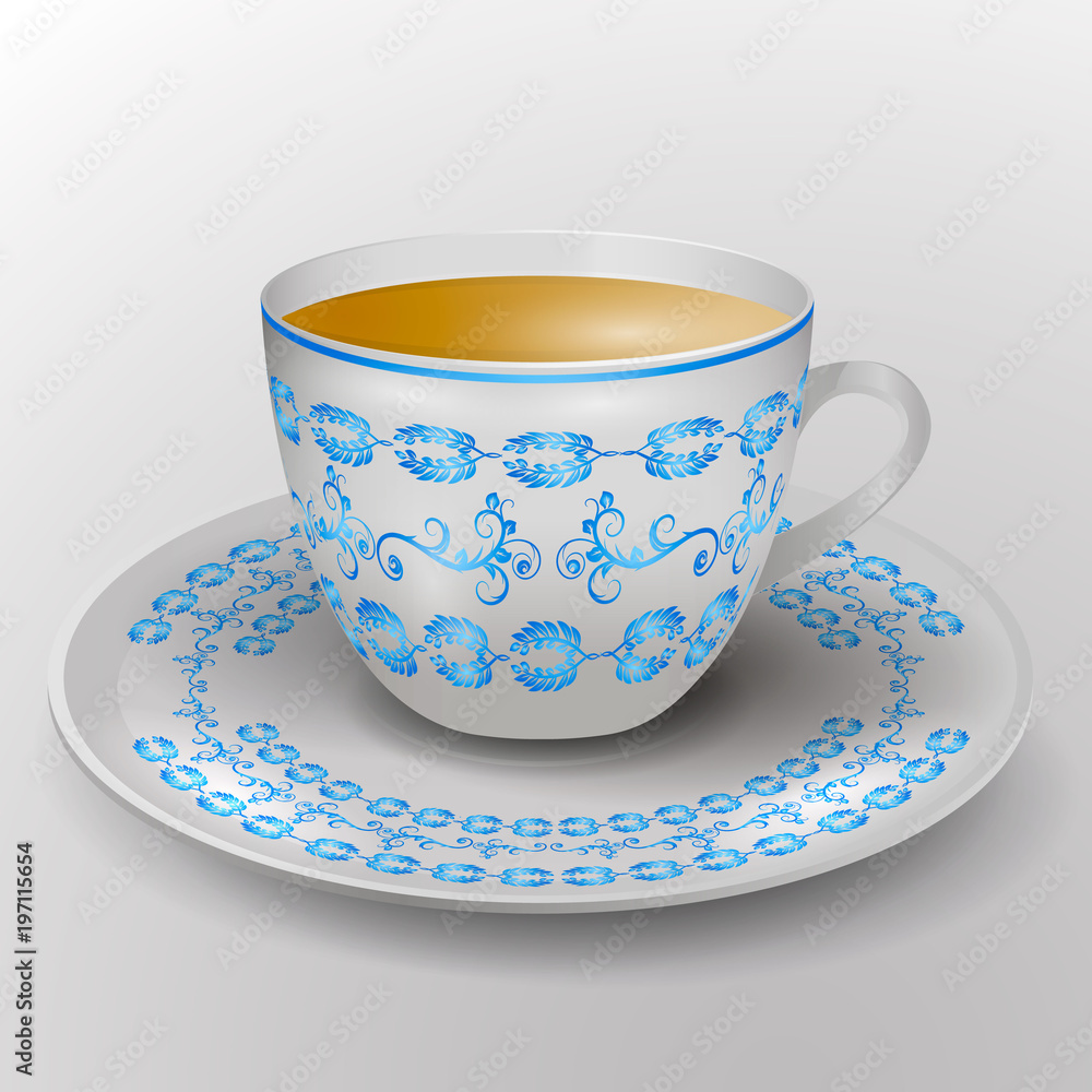 cup and saucer decorated with blue ornament. Vector cup and saucer decorated with blue ornament. Vector