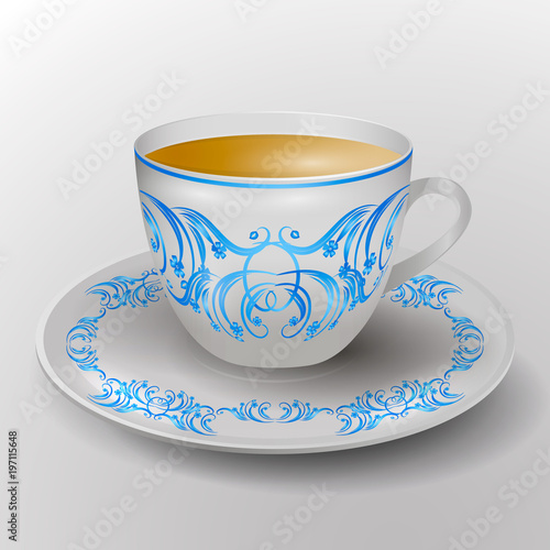 cup and saucer decorated with blue ornament. Vector