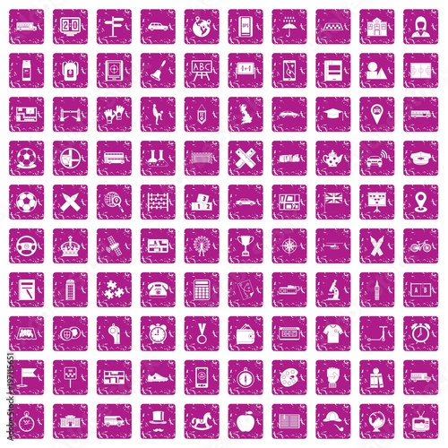 100 bus icons set grunge pink