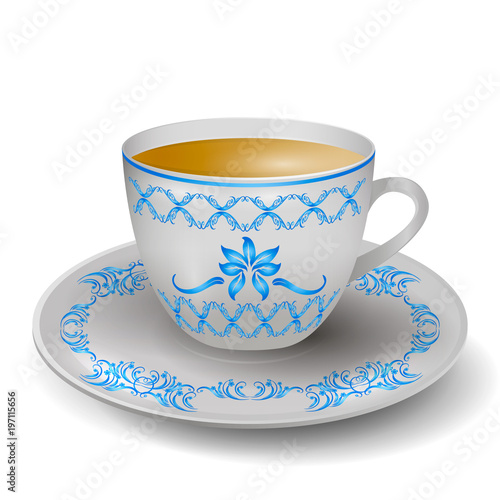 cup and saucer decorated with blue ornament. Vector
