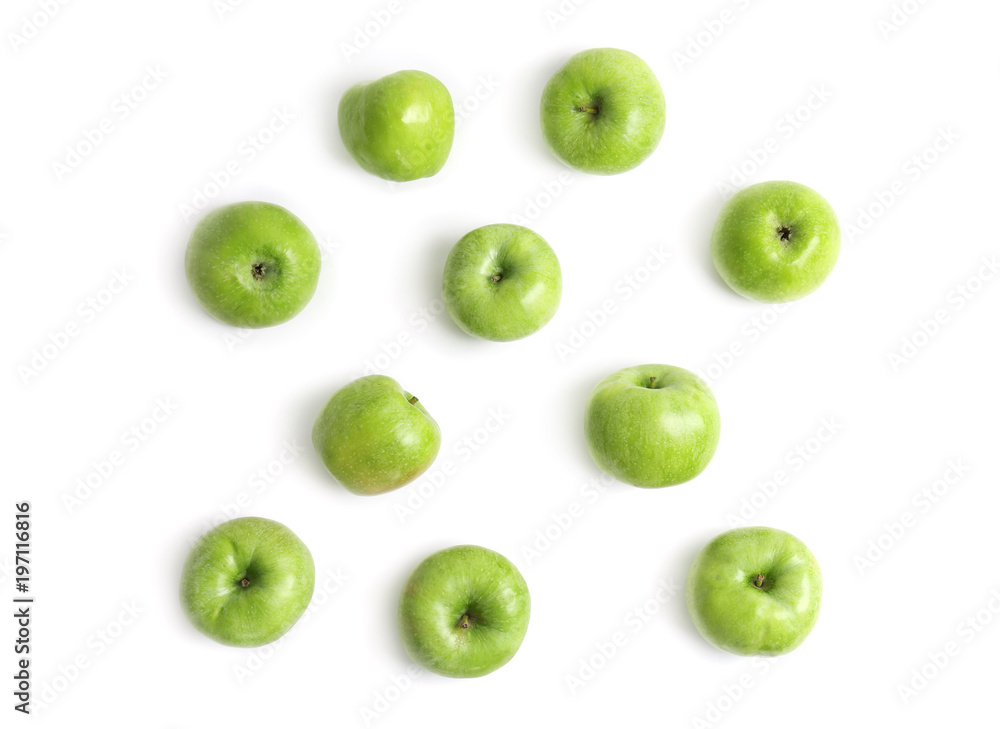 Fresh green apples on white background, top view Fresh green apples on white background, top view