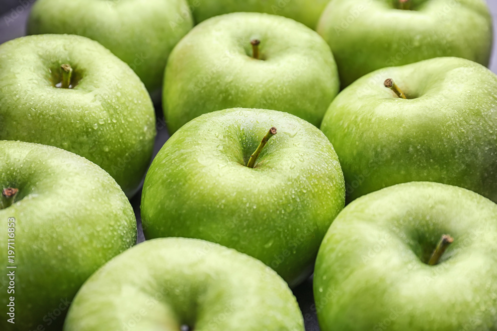 Fresh green apples with water drops, closeup Fresh green apples with water drops, closeup