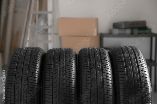 Car tires in automobile service center