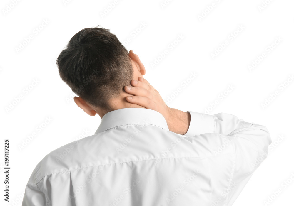 Young man suffering from neck pain on white background Young man suffering from neck pain on white background